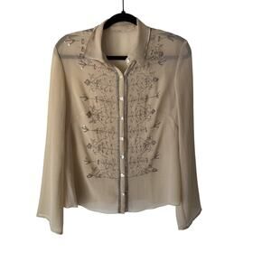 Embroidered Sheer Blouse Medium Long Sleeve Button Up Floral Beaded Top Fairy